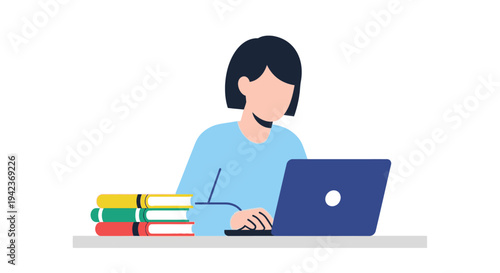 Student focuses intently while typing on laptop computer next to stack.