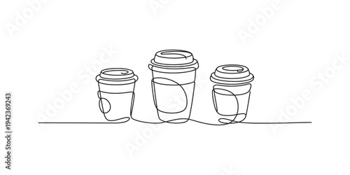 Continuous line drawing of three disposable coffee cups one art illustration beverage takeout