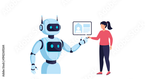 Woman interacts with advanced humanoid robot exchanging digital profile.