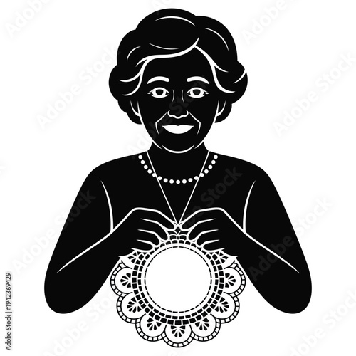 Silhouette vector illustration of elderly woman crocheting, front view of senior lady making doily, knitting hobby