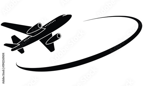 Commercial airplane flying through the air with a sleek motion trail illustrating aviation and travel concepts clearly and effectively in a simple graphic design.