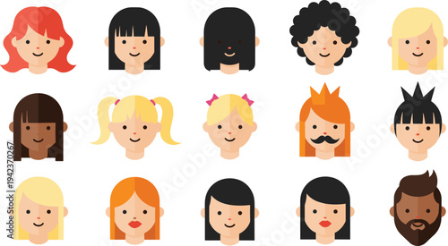 Cute Diverse People Avatar Face Icon Set with Male and Female Characters for User Profiles, Social Media Accounts and Community Platforms.