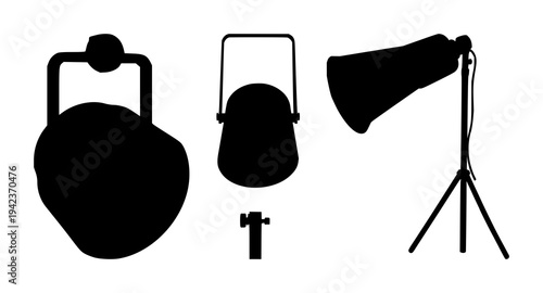 Spotlight set with solid black silhouette on white background featuring film noir, theatrical lighting, stage illumination with dramatic and monochrome