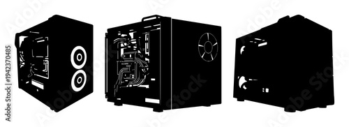 Crypto mining rig set with solid black silhouette on white background high contrast featuring crypto, mining, digital finance with infrastructure and technology