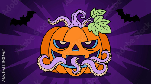 Spooky Halloween Pumpkin Illustration with Purple Octopus Tentacles and Bats on Dark Background, Monster Jack-o'-Lantern Vector Art