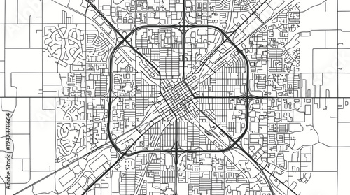 Minimalist Black and White Abstract City Map Illustration with Central Highway Ring Road and Detailed Street Network Grid for Urban Planning and Infrastructure Design