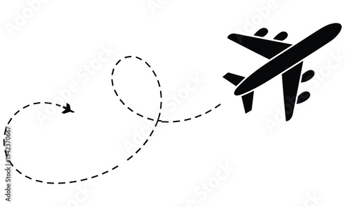 Airplane flying in a circular path towards its destination with a dotted line indicating its flight trajectory and a large airplane silhouette in the background.