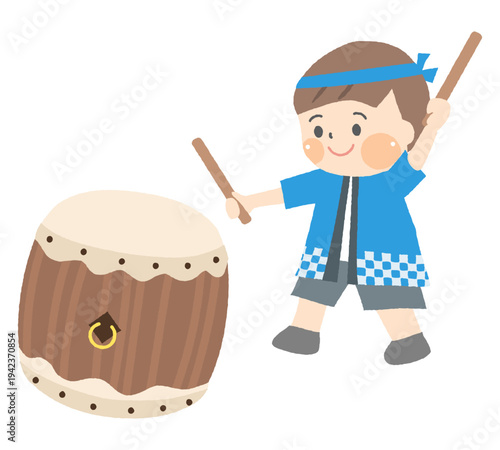 和太鼓を叩く男の子のイラスト