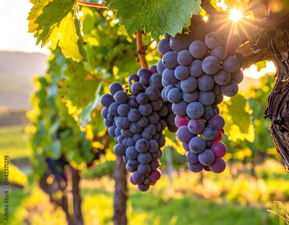 Fototapeta premium A serene vineyard scene with lush greenery and ripe purple grapes