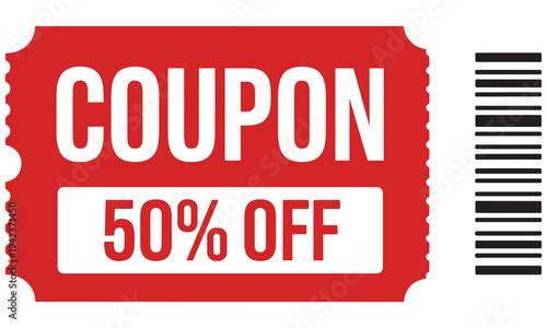 Red coupon ticket with fifty percent off offer on a white background for promotional sales and discounts in retail shopping and online stores to attract customers with savings