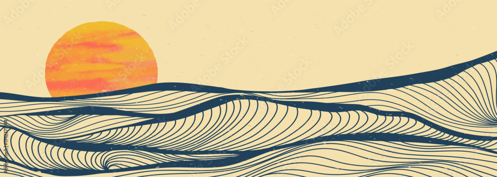 Naklejka premium Ocean wave landscape illustration. Creative minimalist modern line art print. Abstract contemporary aesthetic backgrounds landscapes. with Ocean, sea, skyline, wave and sunset