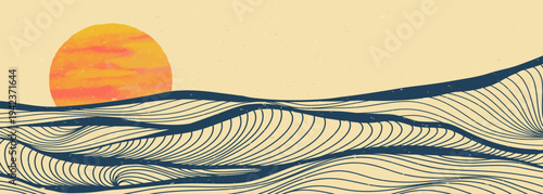 Ocean wave landscape illustration. Creative minimalist modern line art print. Abstract contemporary aesthetic backgrounds landscapes. with Ocean, sea, skyline, wave and sunset