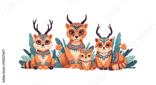Cartoon raccoons with deer antlers sitting.