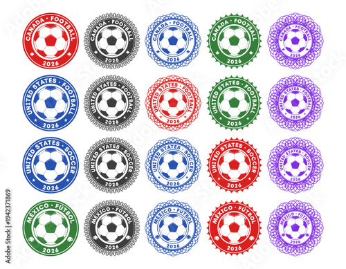 Vector set of seals or round icons. Football, soccer. Stickers 2026. Canada, United States and Mexico. Collection of logos or labels. Sports game, ball. Isolated background