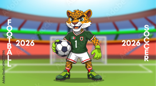 Vector cartoon leopard in sports uniform, wearing soccer boots, holding ball and goalkeeper gloves. Blurred toon stadium with goals. 2026. World game. Aggressive jaguar athlete. Mexican football
