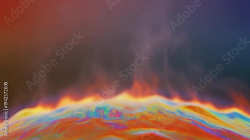 Vibrant abstract wave pattern with dynamic colors and swirling shapes in a surreal landscape