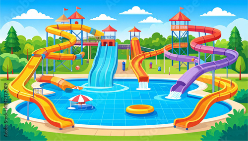 A colorful cartoon water park with slides and a pool on transparent background