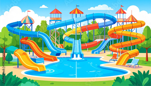 A colorful cartoon illustration of a water park with slides and a pool on transparent background