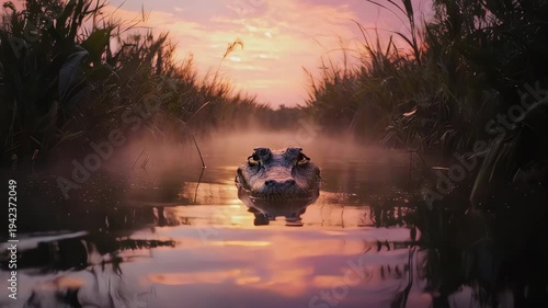Duck swimming in serene marsh at sunrise.