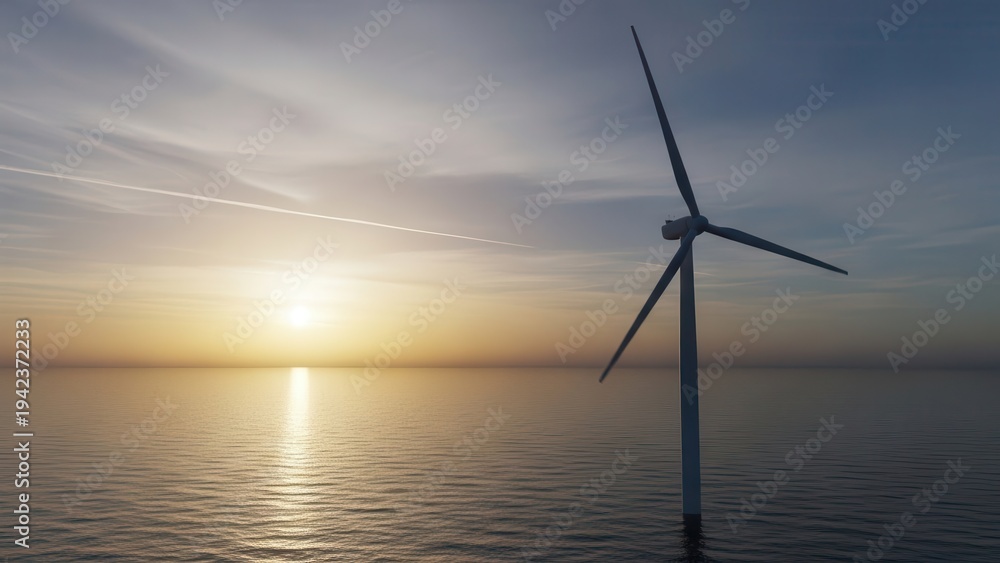 Obraz premium Wind turbine standing tall in calm ocean waters at sunset