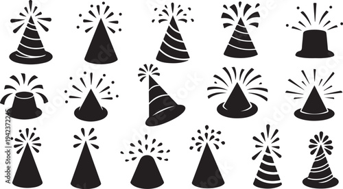 Black and white party hats with fireworks celebration icons