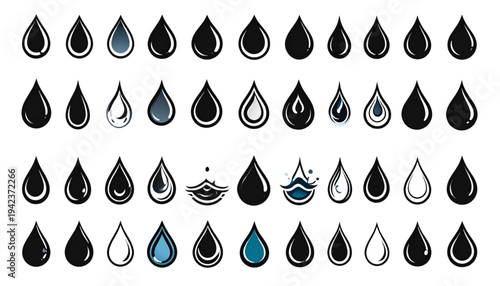 A collection of water drop icons in various designs and colors on transparent background