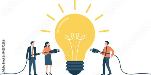 Business teamwork connecting cables to glowing light bulb, creative collaboration innovation concept illustration for startup idea development strategy