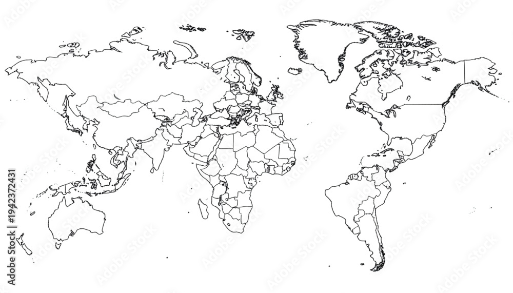 Fototapeta premium A black and white line art illustration of a world map on transparent background