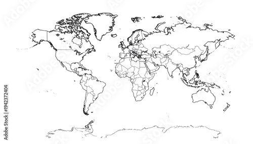 A minimalist black and white world map illustration on transparent background