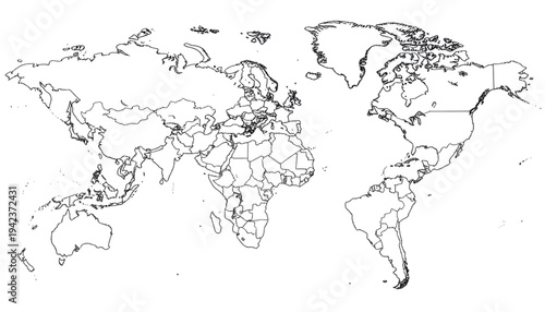 A black and white line art illustration of a world map on transparent background