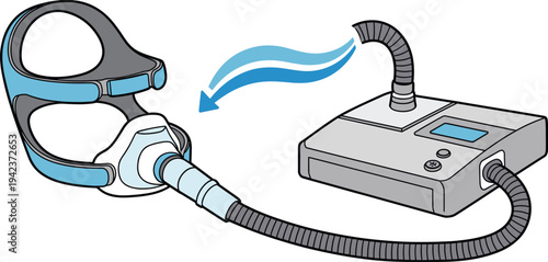 CPAP breathing mask connected to sleep apnea machine, respiratory therapy device illustration for medical sleep disorder treatment