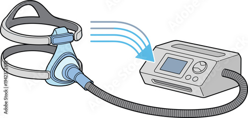 CPAP machine with breathing mask for sleep apnea therapy, respiratory medical device illustration isolated healthcare treatment equipment
