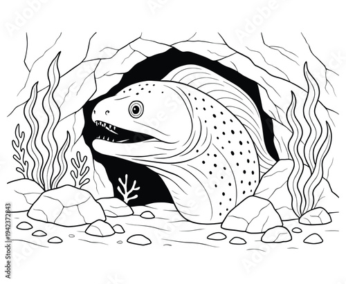 Moray eel peeking out of rocky cave underwater with seaweed