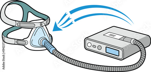 CPAP sleep apnea machine with breathing mask illustration, respiratory therapy device for sleep disorder treatment medical equipment vector