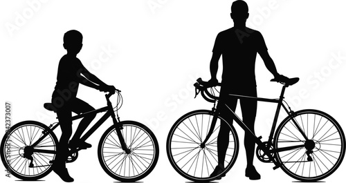 Cyclist with bicycle silhouettes set, man standing and riding bike outdoor activity isolated black vector illustration collection