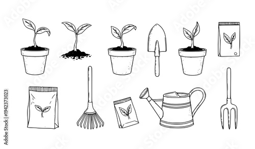  Hand drawn gardening tools and plant growth stages set in outline style, vector illustration collection with pots, rake, watering can and seedlings