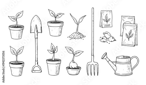  Hand drawn gardening tools and potted plants set in outline style, sketch vector collection with shovel rake watering can and seedlings isolated on light background