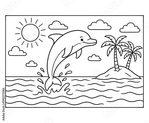 Dolphin jumping from ocean waves near tropical island with palm trees