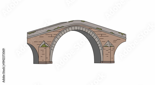Old Stone Bridge with Arch Architecture, Isolated on White Background