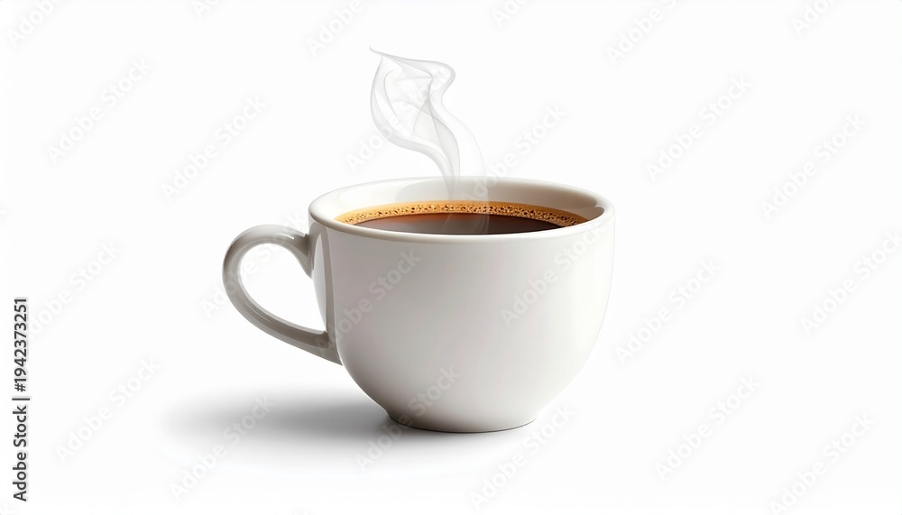 Obraz premium Steaming cup of coffee on a plain surface, viewed from the side, capturing a moment of relaxation and warmth in a simple still life composition