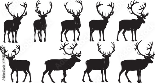 Set of deer silhouettes with antlers on white background