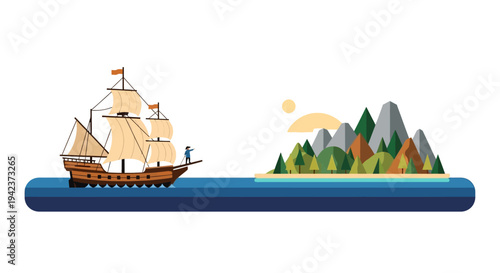 Vintage sailing ship approaching a tropical island with mountains and trees