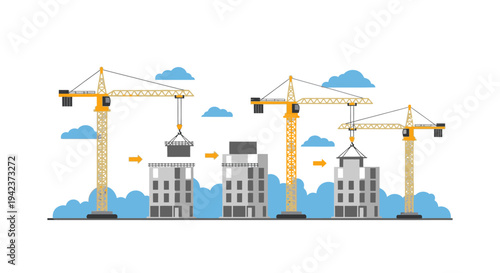Construction process: cranes building skyscrapers in stages, urban development concept