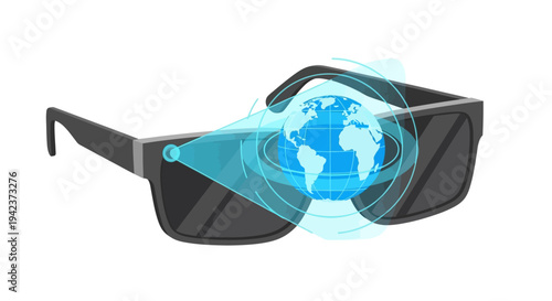 Augmented reality glasses showing globe hologram, futuristic technology concept