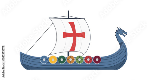 Viking Longship with Dragon Head and Red Cross Sail on White Background