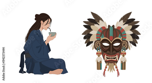 Woman in Kimono Drinking Tea Next to Tribal Mask