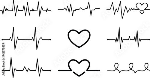 Heartbeat ECG line icon set, cardiology pulse waveform collection with heart symbols, electrocardiogram medical monitor illustration isolated vector