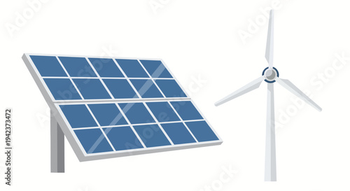 Solar panel and wind turbine: renewable energy sources illustration