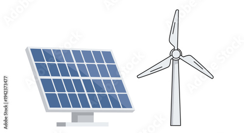 Renewable energy sources: solar panel and wind turbine on white background