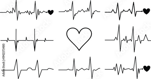 Heartbeat ECG line icon collection, cardiology pulse monitor symbols with heart shapes, medical electrocardiogram waveform set isolated vector